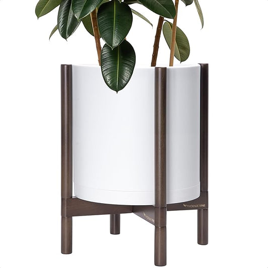 D'vine Dev Planter Pot with Stand - 14 Inch Plastic Cylinder Flower Pot with Wood Planter Holder for Indoor, Matte White Pot + Walnut Color Stand, 55-C-R-1