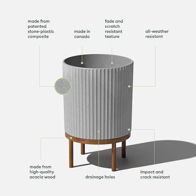 Veradek Demi Series Round Planter w/Stand for Porch/Patio | Durable Plastic-Stone Composite & Wooden Stand | Modern Décor for Tall Plants, Flowers