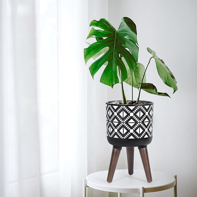 D'vine Dev 8 Inch Planter Pot with Stand, Mid-Century Tall Plant Pot with Legs for Indoor Plants, Small, White/Black, 88-G-A-4