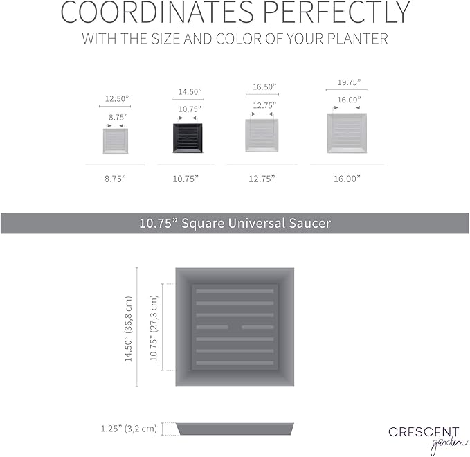 Crescent Garden Universal Square Plant Saucer, Premium Durable Drip Tray for Square Planter, Heavy-Duty Plastic Drainage Dish, Indoor/Outdoor Flowerpot Saucer - 11'' inner x 14.5" outer (White)