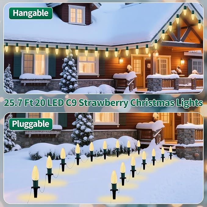 C9 Strawberry Christmas Pathway Lights Outdoor, 20 LED Warm White Outdoor Christmas String Lights with Stakes, 25.7FT Holiday Decorations for Indoor, Outside,Roofline, Backyard, Xmas Decor