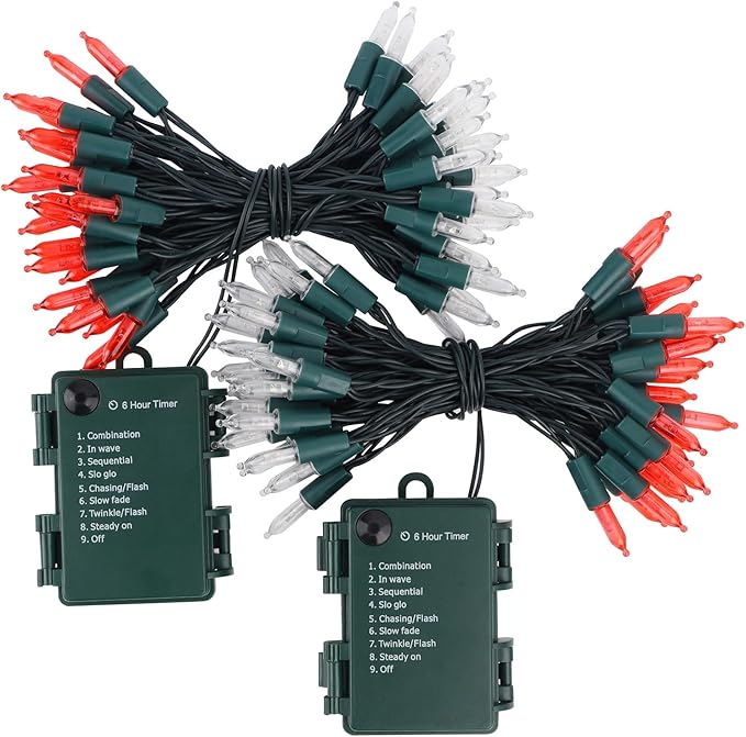 WATERGLIDE 2 Pack 50 LED Outdoor Christmas Lights, 16FT Battery Operated Mini String Lights with 8 Modes & Timer, Xmas Tree Lights Waterproof for Patio Garden Party Wedding Holiday Decor, Red & White