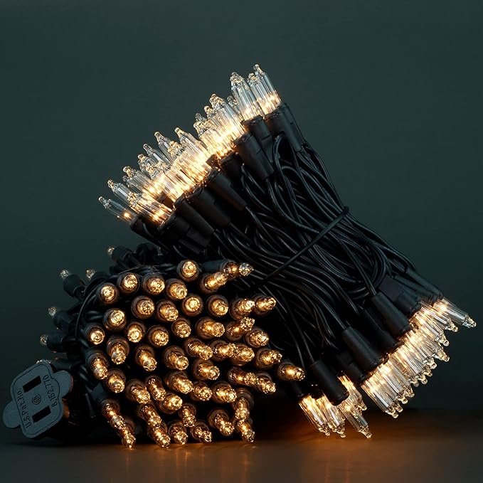 YULETIME 200 Clear Christmas Lights with Black Wire, Pack of 2 Strands of 21 ft 100 Count UL Certified Incandescent Mini String Light (Clear - Black Wire)