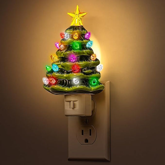 DORESshop Christmas Tree Night Light, 3000K Night Lights Plug into Wall, Cute & Funny Ceramic Christmas Decor Night Light for Kids, Plug in Nightlight with 360° Rotatable, Holiday Party Decor, 1 pack