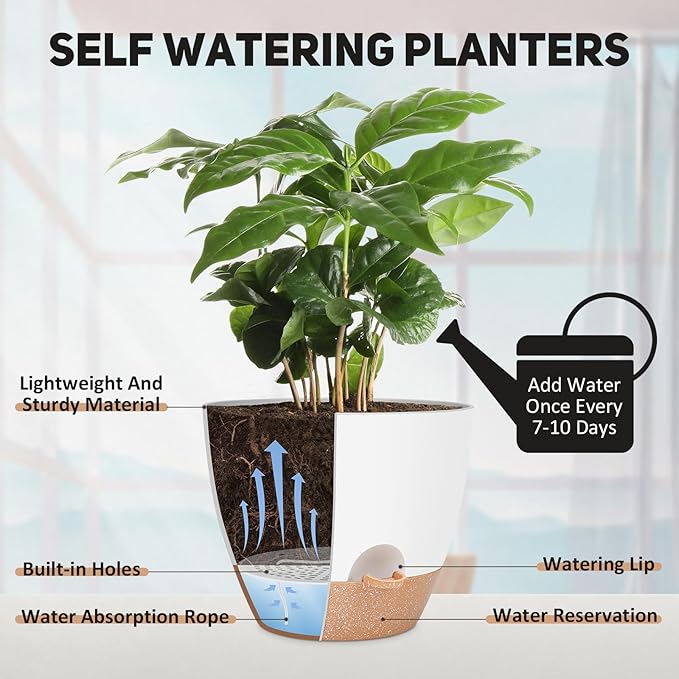 12 Inch Large Self Watering Plant Pot Set, Flower Pots with Multi-Mesh Drainage Holes and Saucer, Suitable for Indoor and Outdoor Garden Plants, White.