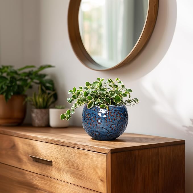 Ceramic Pots for Plants - 4 inch Plant Pots for Indoor Outdoor, Small Planter with Drainage Hole, Unique Flower Pot, Decorative Modern Round Planter, Office Decor, Home Gifts, Retro Blue