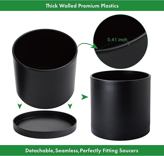 D'vine Dev 14 Inch Black Plastic Planter Pots for Plant Pot with Drainage Hole and Seamless Saucers, 74-X-B-4