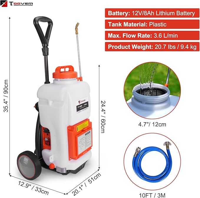 Toovem Battery Powered Backpack Sprayer 4 Gallon, Adjustable 0-94 PSI, 4FT Hose, 6 Nozzles, Weed Yard Sprayer with Wand, Electric Backpack Garden Sprayer with Wheeled Cart for Weeding, Long Spray Time
