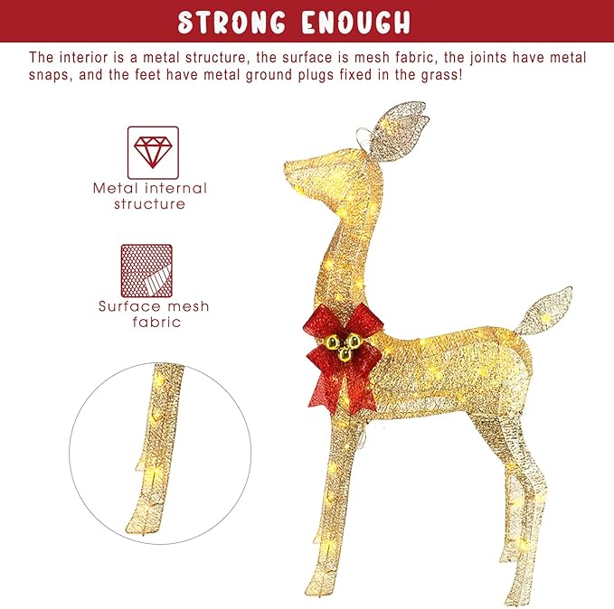 Light Up Christmas Reindeer Decor Set of 3 (4ft Tall) with 240 LED Lights, Ideal as Outdoor Christmas Decorations Yard Display or Indoor Home Decor, Features Sturdy Metal Frame and Ground Stakes