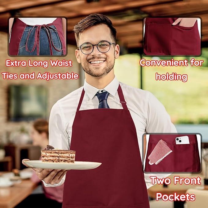 4 Packs Chef Apron, Waterproof Apron, Adjustable Aprons with 2 Pockets for Men Women, Professional Aprons for Kitchen Cooking Gardening Painting Baking Restaurant (Wine)