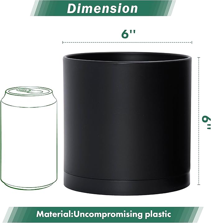 D'vine Dev 2 Pack 6 Inch Modern Plastic Plant Pots, Small Garden Planters for Plant with Drainage Holes and Saucers, Black Color, 74-Y-J-1