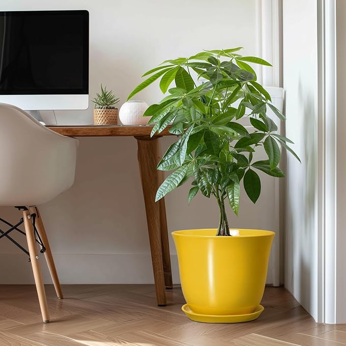 12 Inch Plant Pot - Ceramic Plant Pots with Drainage Hole and Saucer, Large Round Planter for Indoor Outdoor, Modern Flower Pot, Decorative Planters, Home Garden Decor, Garden Gifts, Yellow