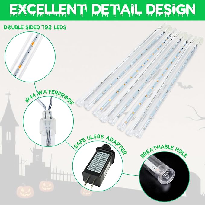 2-Pack Christmas Lights Outdoor, Extendable Meteor Shower Lights 16 Tubes 384 LEDs Indoor Outdoor, Waterproof Falling Rain String Lights with Timer for Christmas Decor Tree Roof Garden Patio(Green)