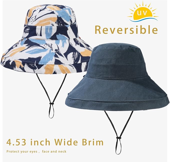 vidsel Womens Sun Hats Wide Brim Reversible Bucket Cotton Hat Packable Summer Travel Cap with Hat Clip,UV Protection