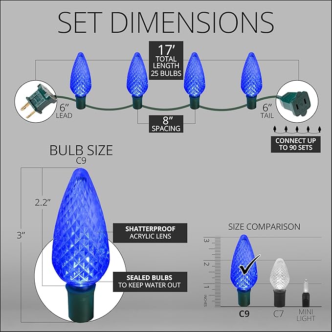 Wintergreen Lighting C9 Blue Christmas Lights, 17 ft LED Outdoor String Light Set, 25 Bulbs – Indoor/Outdoor Holiday Decor