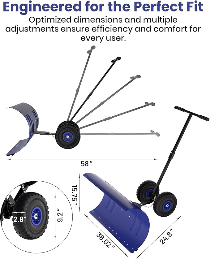 36" Snow Pusher Shovel with Wheels, Adjustable Ergonomic T-Handle Snow Plow for Driveway, Heavy Duty Wheeled Rolling Shovels for Driveway and Sidewalks with Angeled Blade
