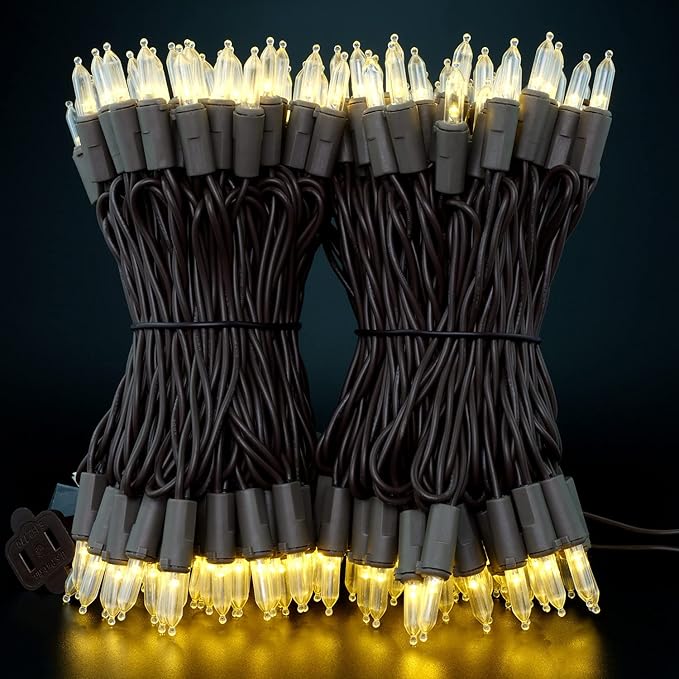 YULETIME 200 Warm White LED Christmas Lights, 66 Feet Brown Wire UL Certified Commercial Grade Holiday String Light Set