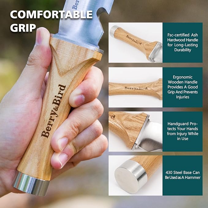 Berry&Bird Hori Hori Garden Knife, Multi-Purpose Gardening Knifes with 7" Stainless Steel Double Edge Sharp Blade, Soil Knife with Canvas Sheath, Full-Tang Garden Tools for Weeding Planting Digging