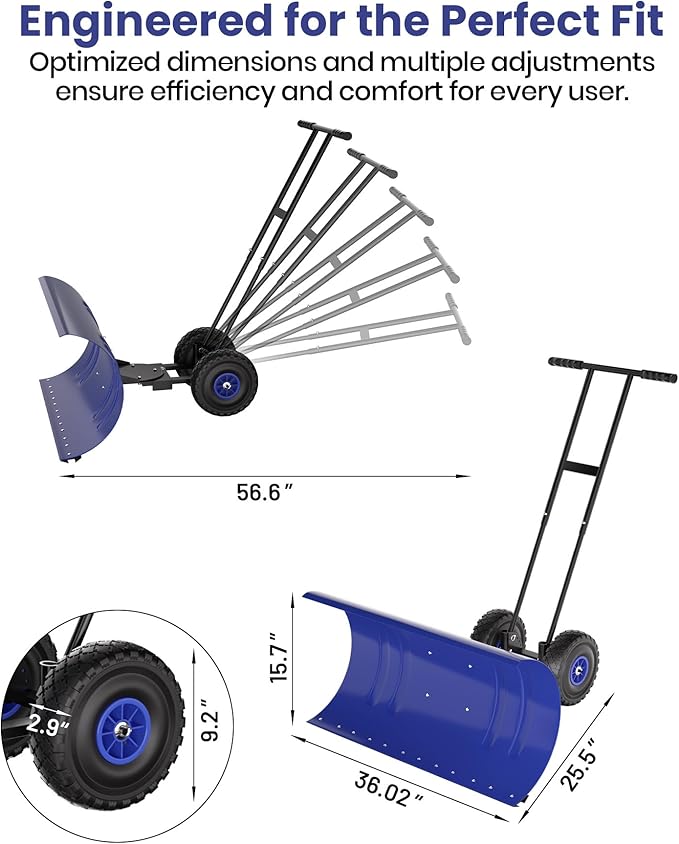 36" Snow Pusher Shovel with Wheels, Adjustable Ergonomic T-Handle Snow Plow for Driveway, Heavy Duty Wheeled Rolling Shovels for Driveway and Sidewalks with Angeled Blade