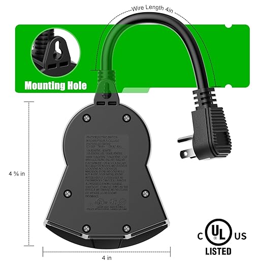 Outdoor Light Timer Waterproof, 24 Hours Plug in Timer with 2, 4, 6 or 8 Hours Countdown Mode, 3 Grounded Dusk to Dawn Electrical Outlet for Outdoor Backyard Garden Patio Lights Christmas Decorations