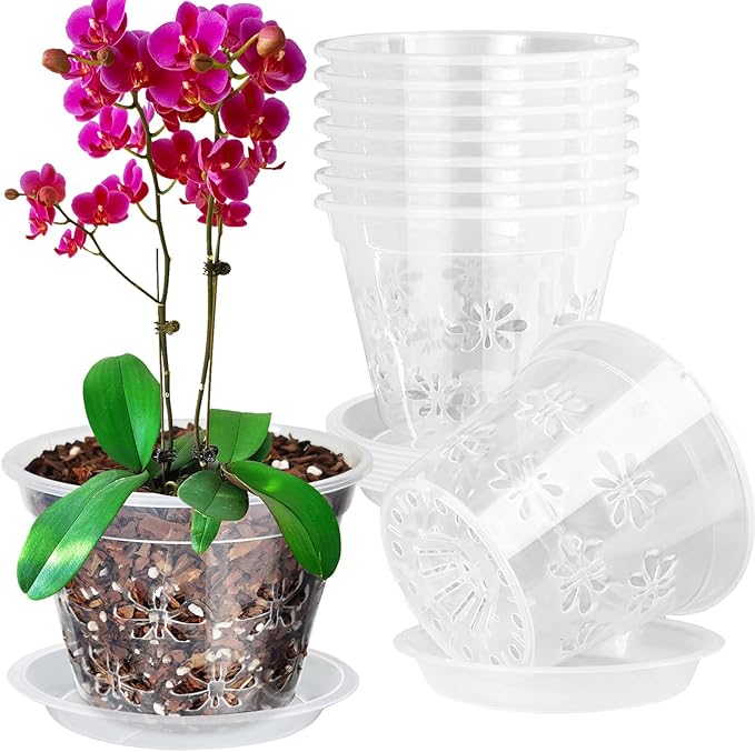 Orchid Pot, 8 Pack 6 inch Orchid Pots with Holes & Saucers, Clear Plastic Pot for Repotting, Breathable Ventilation Planters for Phalaenopsis, Dendrobium & Oncidium Orchids