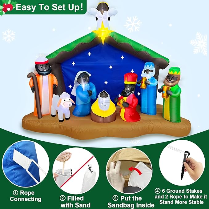 8 Ft Long 5.5 Ft Tall Christmas Inflatables African American Black Nativity Scene Set Outdoor Decorations with Angel, Built-in LED Light Blow Up Black Jesus Manger Set Xmas Inflatable Decor Yard Lawn