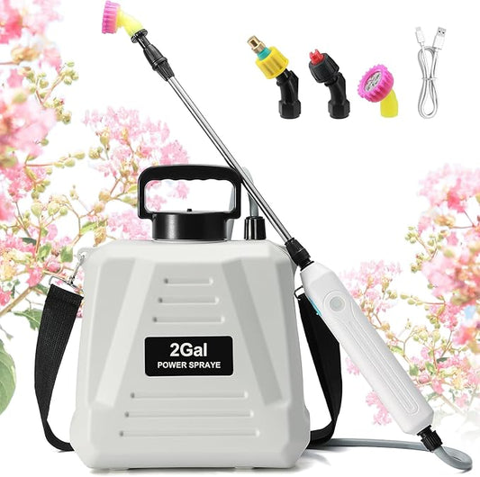 Battery Powered Sprayer 2 Gallon, Powerful Electric Garden Sprayer with 3 Mist Nozzles, USB Rechargeable Handle, Retractable Wand and Adjustable Shoulder Strap for Irrigation, Weeding (White)