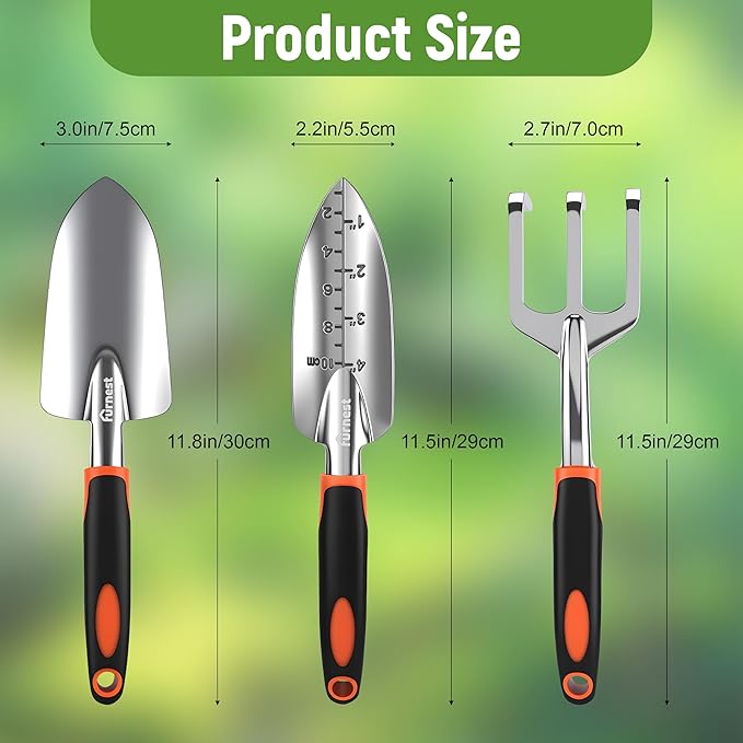 Garden Tool Set, 3 Pack Aluminum Heavy Gardening Kit Including Hand Shovel, Transplant Shovel and Hand Rake for Planting, Digging, Weeding