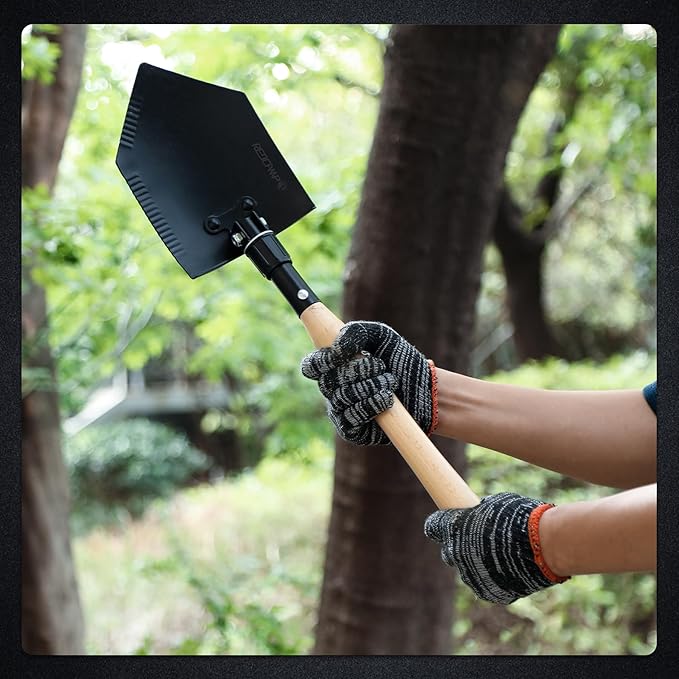 REDCAMP 23" Forces Spetsnaz Shovel, Tactical Entrenching Tool Hardwood Handle Shovel, Military Folding Camping Shovel for Camping Hiking Gardening Beach, Black