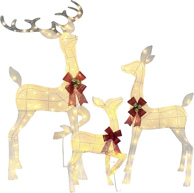 55" Outdoor Lighted Reindeer Christmas Decorations, 3-Piece Reindeer Family Set with 240 LEDs, Bells, Red Bows, Durable Weatherproof Metal Frame for Yard, Garden, Indoor Holiday Decor, White