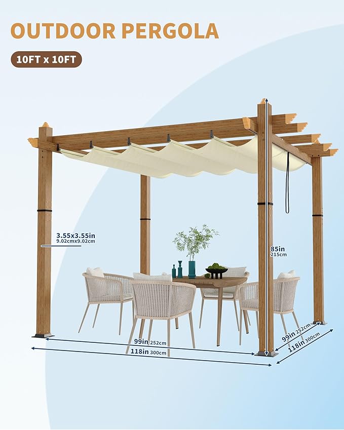 Garvee 10x10 Ft Outdoor Pergola with Retractable Canopy Aluminum Imitation Wood Grain Metal Patio Pergola for Backyard Deck Porch Grape Trellis(Beige)