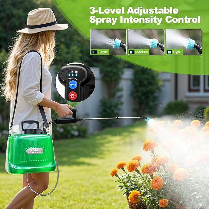 Battery Powered Sprayer 2 Gallon, 2025 New Electric Garden Sprayer with 3 Spray Force, Battery Indicator, Rechargeable Handle, 23.6" Telescopic Wand,4 Mist Nozzles,Shoulder Strap, for Lawn and Garden