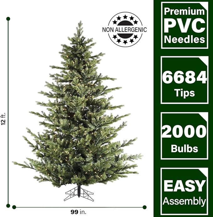 Fraser Hill Farm 12-Ft. Woodside Pine Christmas Tree with Incandescent Smart Lights and Stand, Prelit Artificial Tree with Realistic Foliage, Perfect Holiday Decoration for Foyer and Living Room