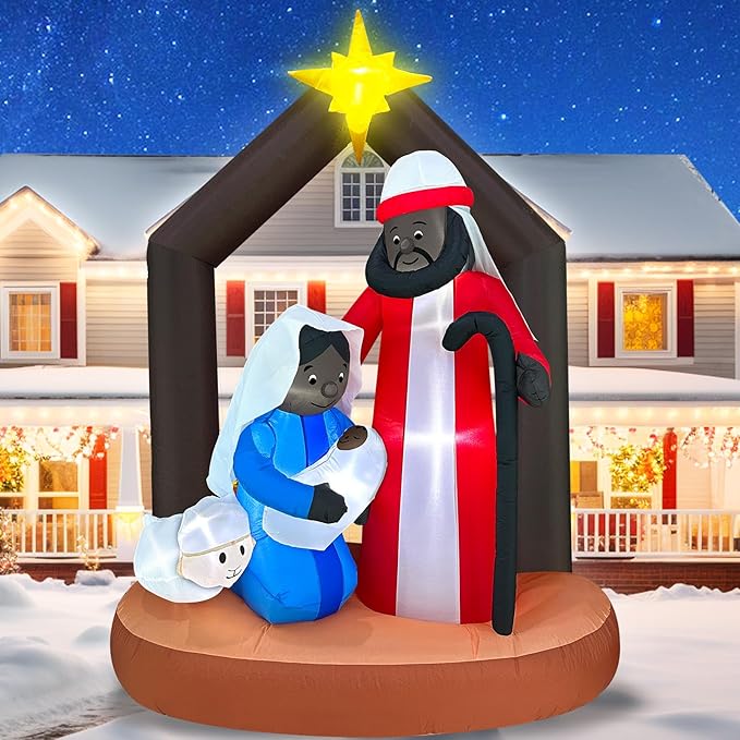 7 Ft Tall 5 Ft Long Christmas Inflatables African American Nativity Scene Outdoor Decoration, Blow Up Black Jesus Manger Set with Built-in 7 Light Inflatable Xmas Decor Yard Lawn
