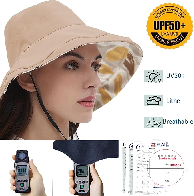 vidsel Womens Sun Hats Wide Brim Reversible Bucket Cotton Hat Packable Summer Travel Cap with Hat Clip,UV Protection