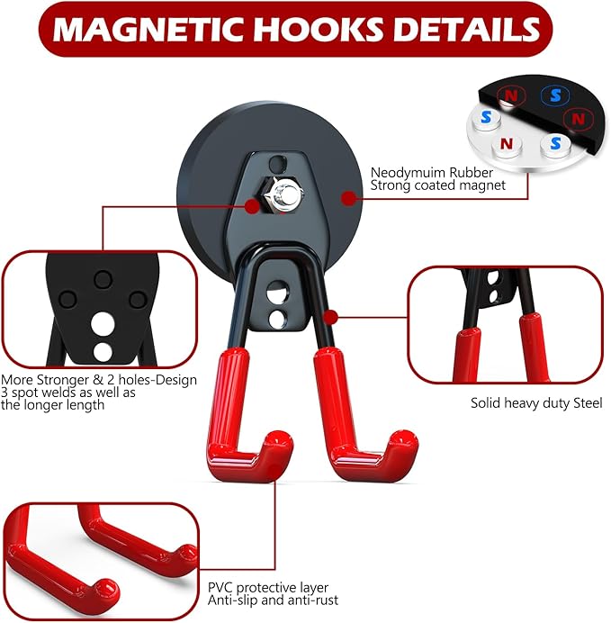 3-H Heavy Duty Magnet Garage Hooks 4 Pack, Large Strong Magnetic Hooks for Hanging Cordless Power Drill, Utility Magnetic Tool Holder for Metal Cabinet, Steel Pegboard, Toolbox, Garage(Red)