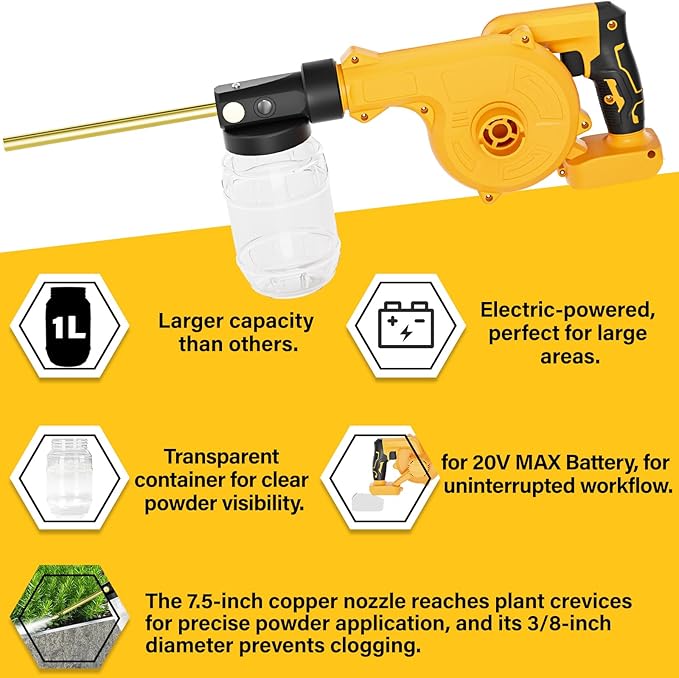 Electric Diatomaceous Earth Duster Compatible for DeWalt 20V Battery(Battery Not Included), Garden Dust Applicator with 1L Capacity and 7.5" Nozzle, Versatile Leaf Blower & Powder Sprayer
