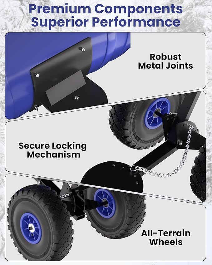 36" Snow Pusher Shovel with Wheels, Adjustable Ergonomic T-Handle Snow Plow for Driveway, Heavy Duty Wheeled Rolling Shovels for Driveway and Sidewalks with Angeled Blade