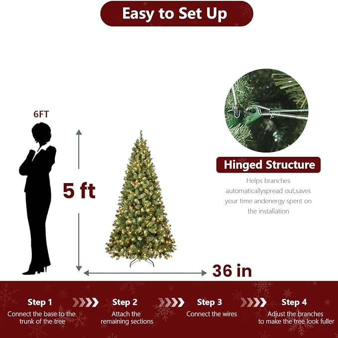 5ft Per-Lit Artificial Christmas Tree with 200 Warm White Lights, Premium Full Hinged Prelight Christmas Tree with 551 Steel Branch Tips, Green Xmas Tree for Easy Holiday Setup, Foldable Base