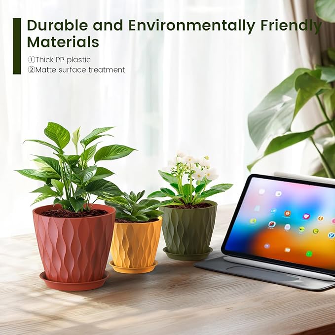 7/6.5/6/5.5/5/4.5/4 inch Plant Pots for Indoor Outdoor Plants, 7 Pack Thick Flower Pots with Drainage Holes and Saucers, Modern Wave Texture Small Plastic Planters Nursery Pots, Multicolor