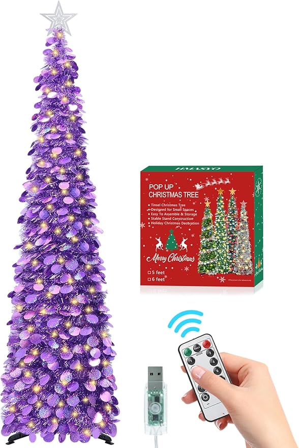 HMASYO 6 FT Pop Up Christmas Tree with 100 LED Lights & Remote, Purple Christmas Tinsel Tree, Collapsible Artificial Pencil Tree for Home Office Party Decor, USB Powered Timer Lights, Easy Assembly