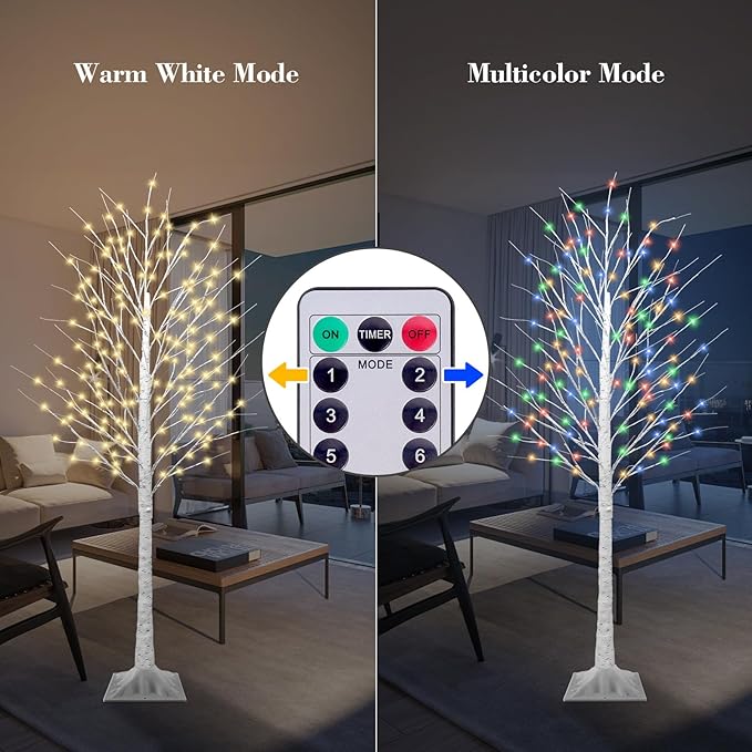 7FT Lighted Birch Tree with 170 LED Warm White and Multicolor Lights, 8 Modes, Timer Remote Faux Light Up Twig Christmas Tree for Indoor Outdoor Xmas Holiday Party Garden Decoration (2 Pack)