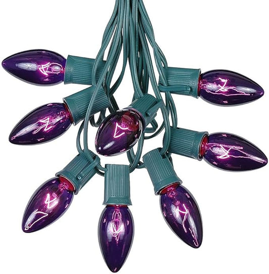 C9 Purple Christmas String Lights - Outdoor Hanging Roofline Light Set - Green Wire - 25 Foot Patio Lighting