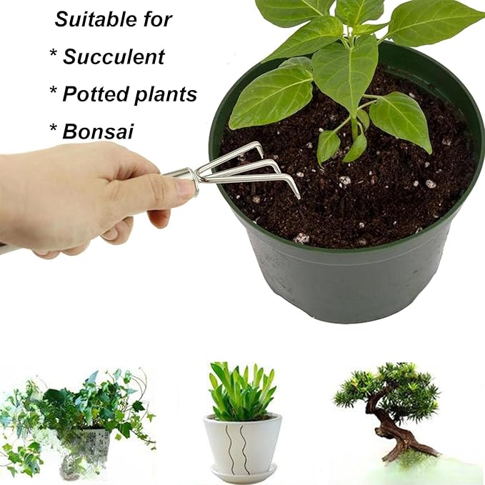 3 Pcs Stainless Steel Mini Garden Tools Set Small Tiny Shovel Trowel Root Extractor Hand Rake Indoor Outdoor Gardening Tools for Pot Plants Succulent Bonsai
