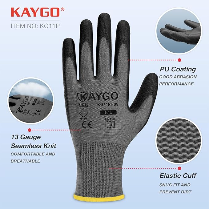 KAYGO Safety Work Gloves PU Coated-12 Pairs, KG11PB, Seamless Knit Glove with Polyurethane Coated Smooth Grip on Palm & Fingers, for Men and Women (2X-Large, Grey)