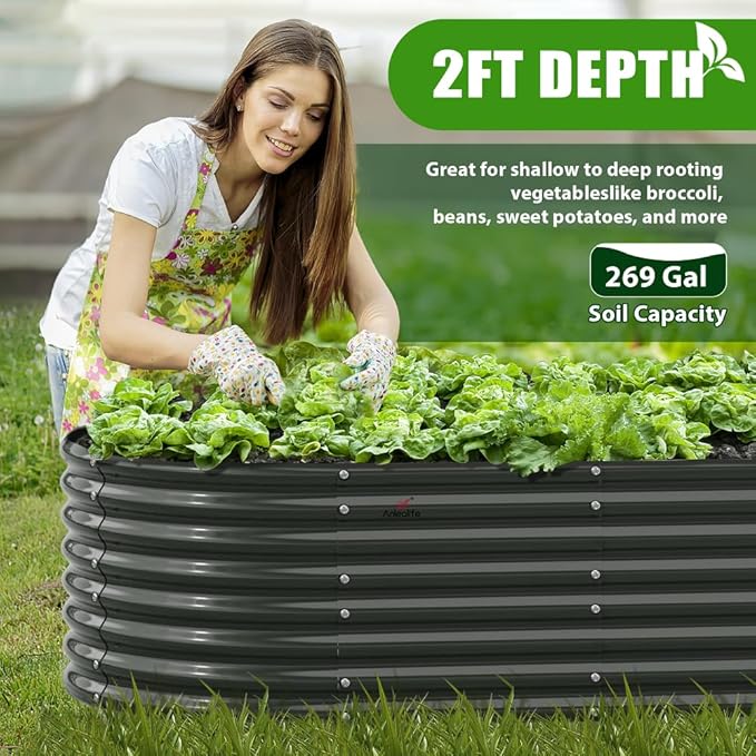 A ANLEOLIFE 6X3X2 ft Galvanized Raised Garden Beds Outdoor-4 Pack, Oval Large Metal Deep Root Planter Box for Planting Vegetables Flowers Herb, Anti-Rust & Easy-Setup, Quartz Grey