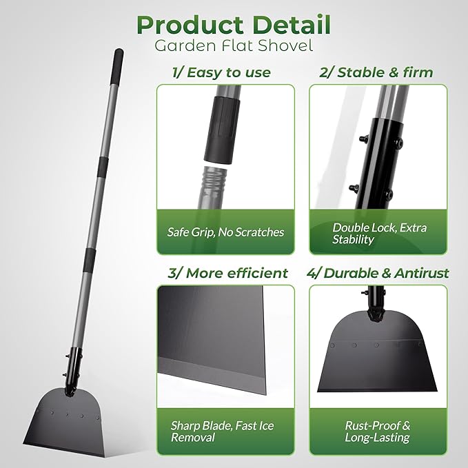 Walensee Snow Shovel, Ice Scraper & Ice Chopper, 54 Inch Flat Shovel for Snow Removal, Portable Snow Shovel for Driveway and Car, Garden Snow Pusher and Scraper Tool for Road and Outdoor Cleaning