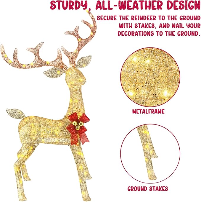 Outdoor Christmas Reindeer with Lights, 4ft Tall Set of 3 Deer with 240 LEDs, Ground Stakes, Perfect as Vintage Christmas Home Decor for Patio, Lawn, and Outdoor Party Decorations, Gold