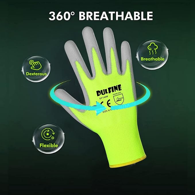 Safety Work Gloves for Men PU Coated 12 Pairs Bulk Pack,Hi-Vis Yellow Seamless Knit Glove with thin Polyurethane Coated Smooth Grip on Palm & Fingers,Ideal for General Duty Work (Extra Large)