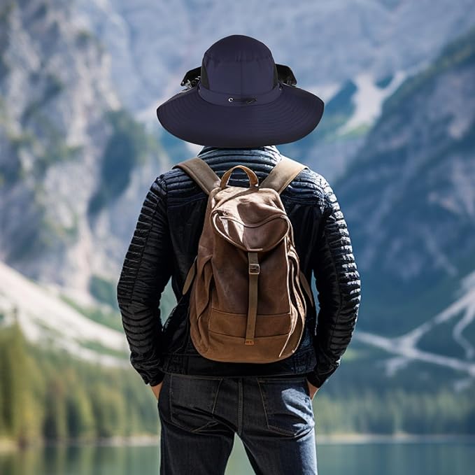 Wide Brim Solar Fan Outdoor Fishing Hat with 2 Solar Fan UPF 50+ Sun Bucket Hat Waterproof Breathable Fishing Hat Bucket Hat